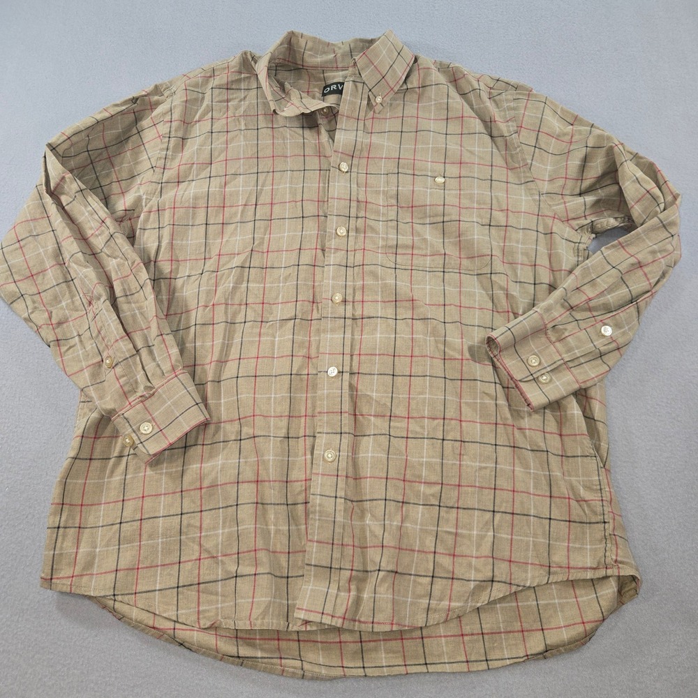 Orvis Button Down Shirt Mens XL Tan Plaid Cotton Long Sleeve 4E4C